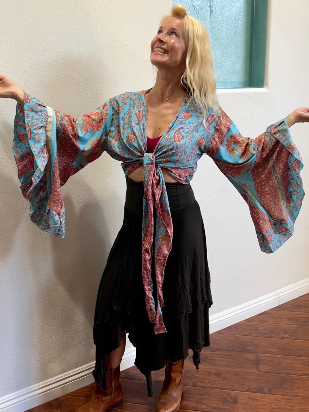 Boho Tie-Front Crop Top in Turquoise & Pink Paisley